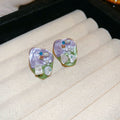 Purple and Green Painted Floral Square Stud Earrings view 6