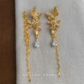 Gold Tone Butterfly Branch Clear Teardrop Long Chain Earrings view 3