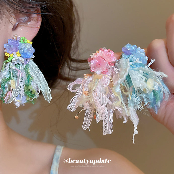 Crystal Flower Tassel Earrings In Pink Blue And Green