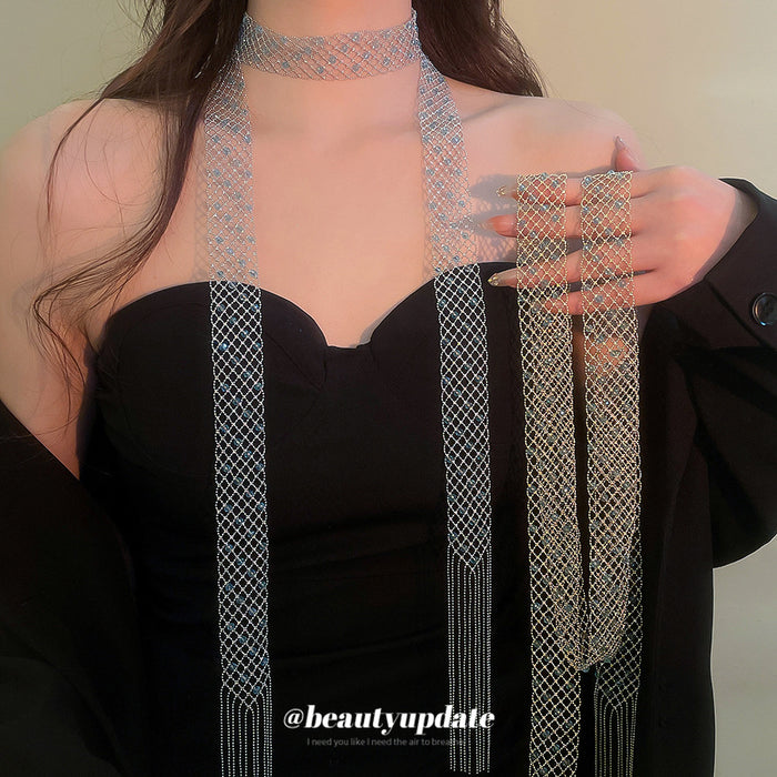 Blue Crystal Mesh Scarf Necklace in Gold and Silver Tones