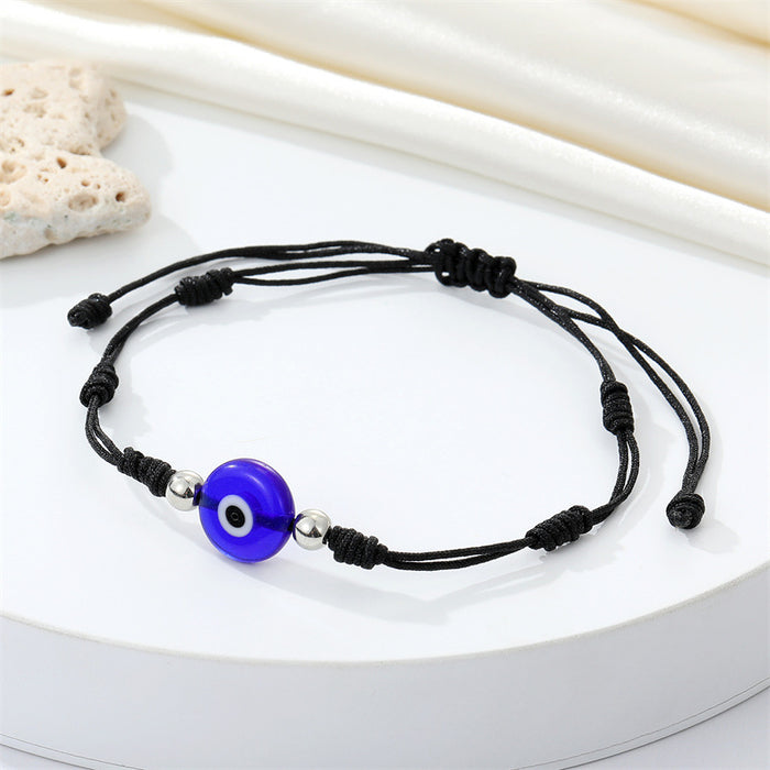 Black Cord Round Blue Evil Eye Adjustable Bracelet with Silver Beads