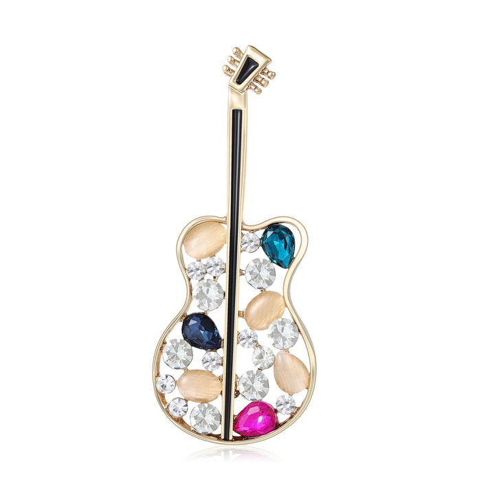 Multicolor Rhinestone Guitar Brooch Gold Tone Metal Pin Brooch