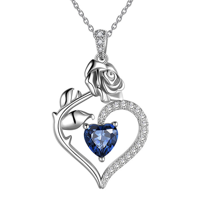 Silver Rose Heart Blue Stone Pendant Necklace Cable Chain