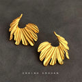 Gold Matte Ribbed Ginkgo Leaf Fan Statement Stud Earrings view 3
