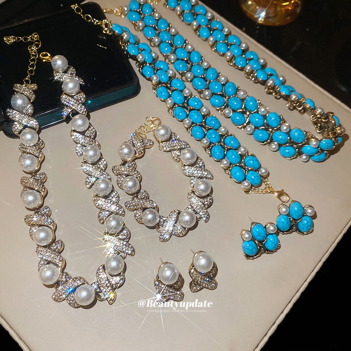 Gold Pearl X And Turquoise Necklace Bracelet Stud Styles