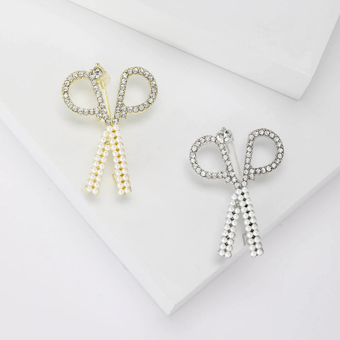 Rhinestone Scissors Brooch with Pearl Beaded Handles