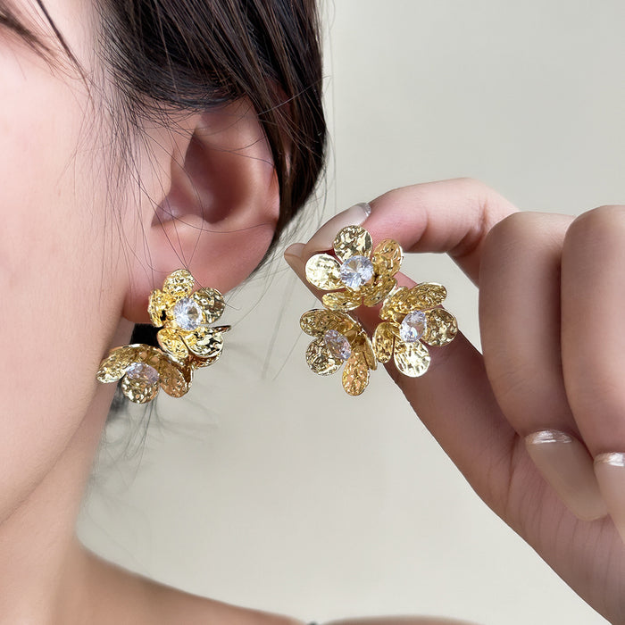 Gold and Silver Clear Petal Cluster Flower Stud Earrings