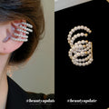 Layered Pearl Ear Cuff with Five Curved Rows With Polished Metal Details view 1