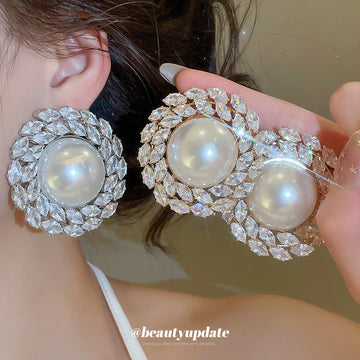 Crystal Halo Pearl Statement Stud Earrings Fashion Jewelry