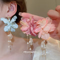 Blue Fabric Flower Crystal Tassel Stud Earrings Statement Pair view 1