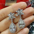 Flower Stud Pear Halo Drop Earrings White Gold Tone view 4