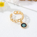 Gold Tone Curb Chain Crystal Evil Eye and Hamsa Charm Rings view 2