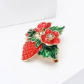 Red Strawberry Flower Brooch with Green Enamel Leaves view 2