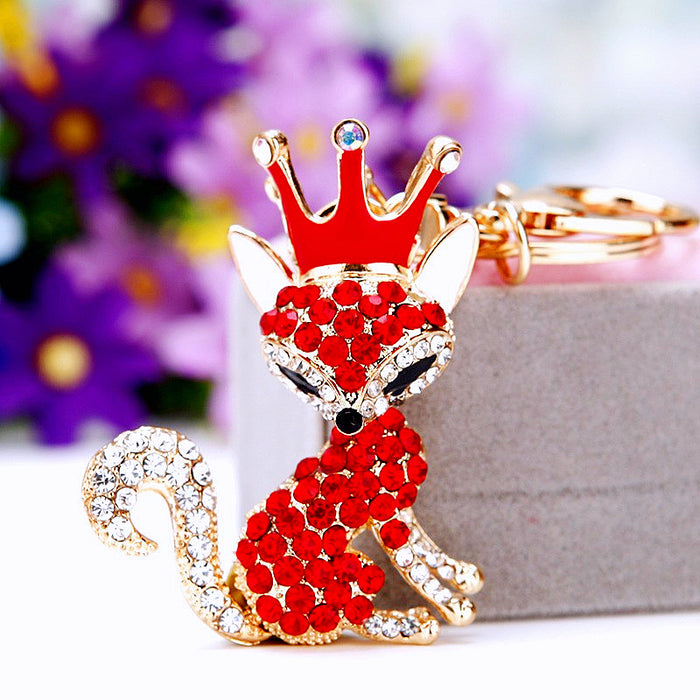 Crowned Fox Keychain with Red Crystals and White Crystal Tail
