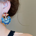 Blue Enamel Koi and Flower Statement Stud Earrings view 4