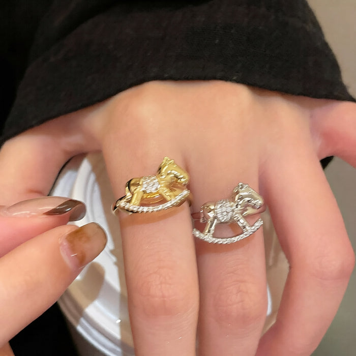 Gold Silver Rocking Horse Open Ring Crystal Pave Accents