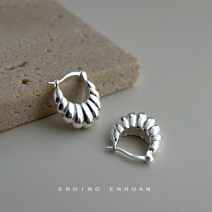 Silver Scalloped Fluted Huggie Hoop Earrings Latch Back