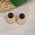 Woven Round Straw Look Wood and Gold Top Dangle Earrings view 6