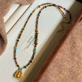 Brown Beaded Gourd Pendant Necklace with Turquoise Color Accents view 4