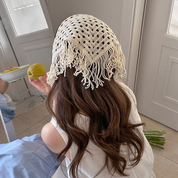 Ivory Crochet Openwork Triangle Head Scarf With Fringe