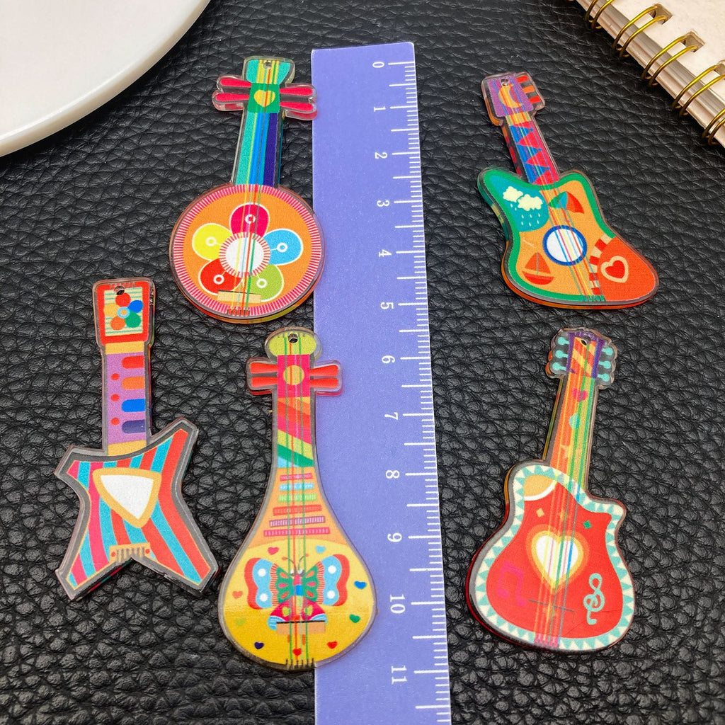 Printed Acrylic Music Guitar Pipa Guqin Double Sided Charm Pendant for Keychain Jewelry Making