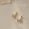 Gold Pearl Crystal Bow Drop Stud Earrings Clear Stones view 1