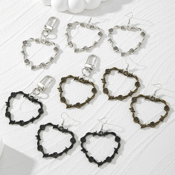 Barbed Wire Rose Heart Earrings and Clip Keychains in Three Finishes
