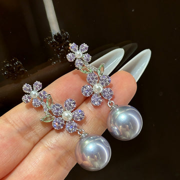 Purple Crystal Flower and Pearl Drop Earrings Fashion Jewelry