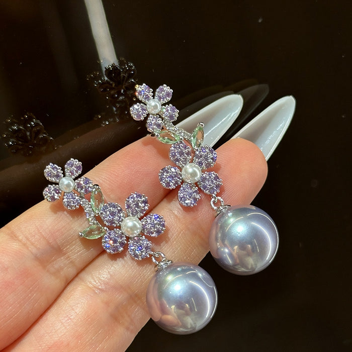 Purple Crystal Flower and Pearl Drop Earrings Fashion Jewelry