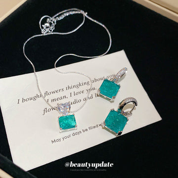 Silver Green Square Pendant Necklace and Drop Hoops