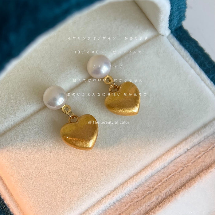 Gold Tone Brushed Heart And White Pearl Drop Stud Earrings
