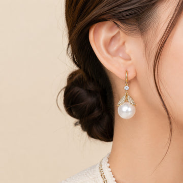 White Pearl Look and Clear Stone Gold Tone Leaf Earrings