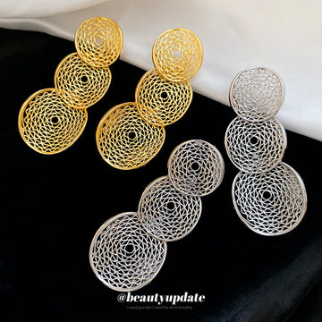 Filigree Triple Circle Drop Earrings in Gold and Silver
