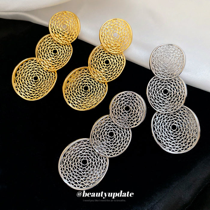 Filigree Triple Circle Drop Earrings in Gold and Silver