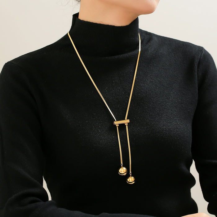 Gold Snake Chain Lariat Necklace Dual Ball Drop Bar