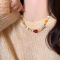 Mixed Bead Choker Necklace Red Accent Stone Yellow Spots view 3