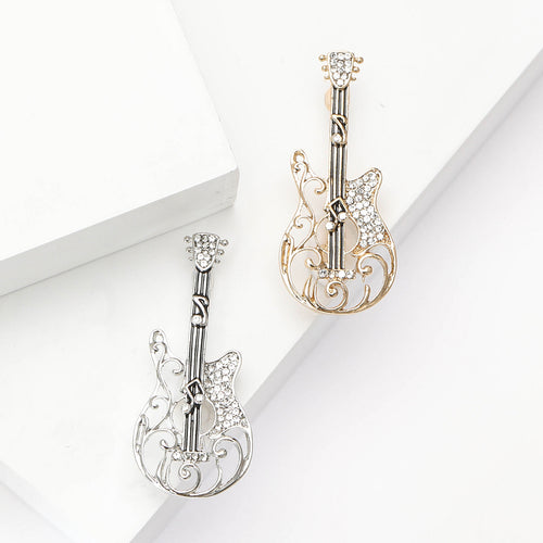 Gold and silver openwork rhinestone guitar brooches on steps