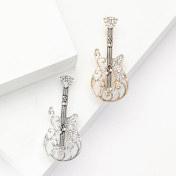 Openwork Rhinestone Guitar Brooch Gold Silver Two Tones