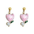 Blue And Pink Flower Bud Pearl Like Drop Earrings In Two Styles view 5