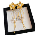 Gold Tone Flower Stud Earrings with Long Chain Fringe view 5