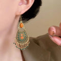 Green Enamel Teardrop Fringe Hook Earrings with Polished Metal Details view 3