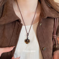 Dark Brown Cord Necklace with Heart Shaped Stone Look Pendant view 4