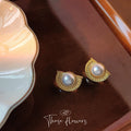Gold Half Moon Pearl Stud Earrings Ornate Textured Frame view 1