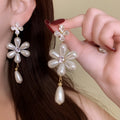 White Petal Flower and Pearl Drop Stud Earrings Decorative Jewelry Accessory view 1