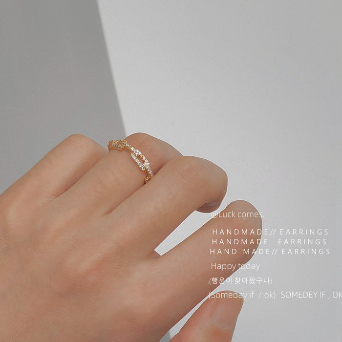 Gold-Tone Pavé CZ Chain Link Open Adjustable Ring Band