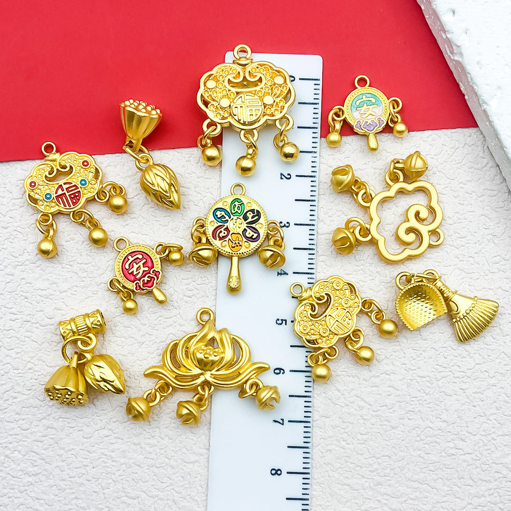 Antique Gold Zinc Alloy Longevity Lock Rattle Drum Lotus Charm Pendant for DIY Jewelry