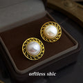 Gold Antique Frame White Pearl Button Stud Earrings view 4