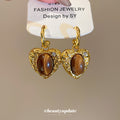 Brown Heart Cabochon Drop Earrings Statement Fashion Jewelry view 2
