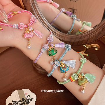 Braided Cord Zongzi Charm Bracelets With Tassel Pearl