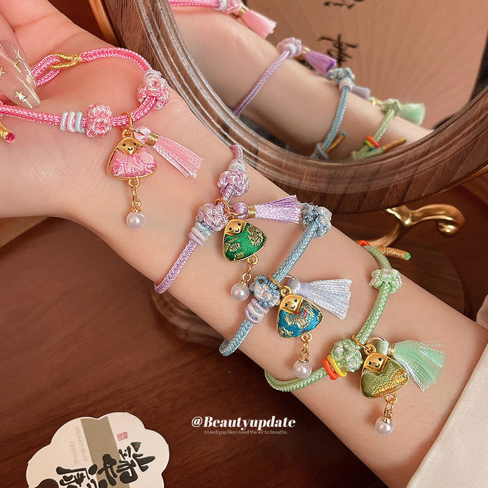 Braided Cord Zongzi Charm Bracelets With Tassel Pearl
